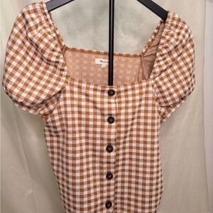 Madewell brown and white gingham sleeve top with button detail